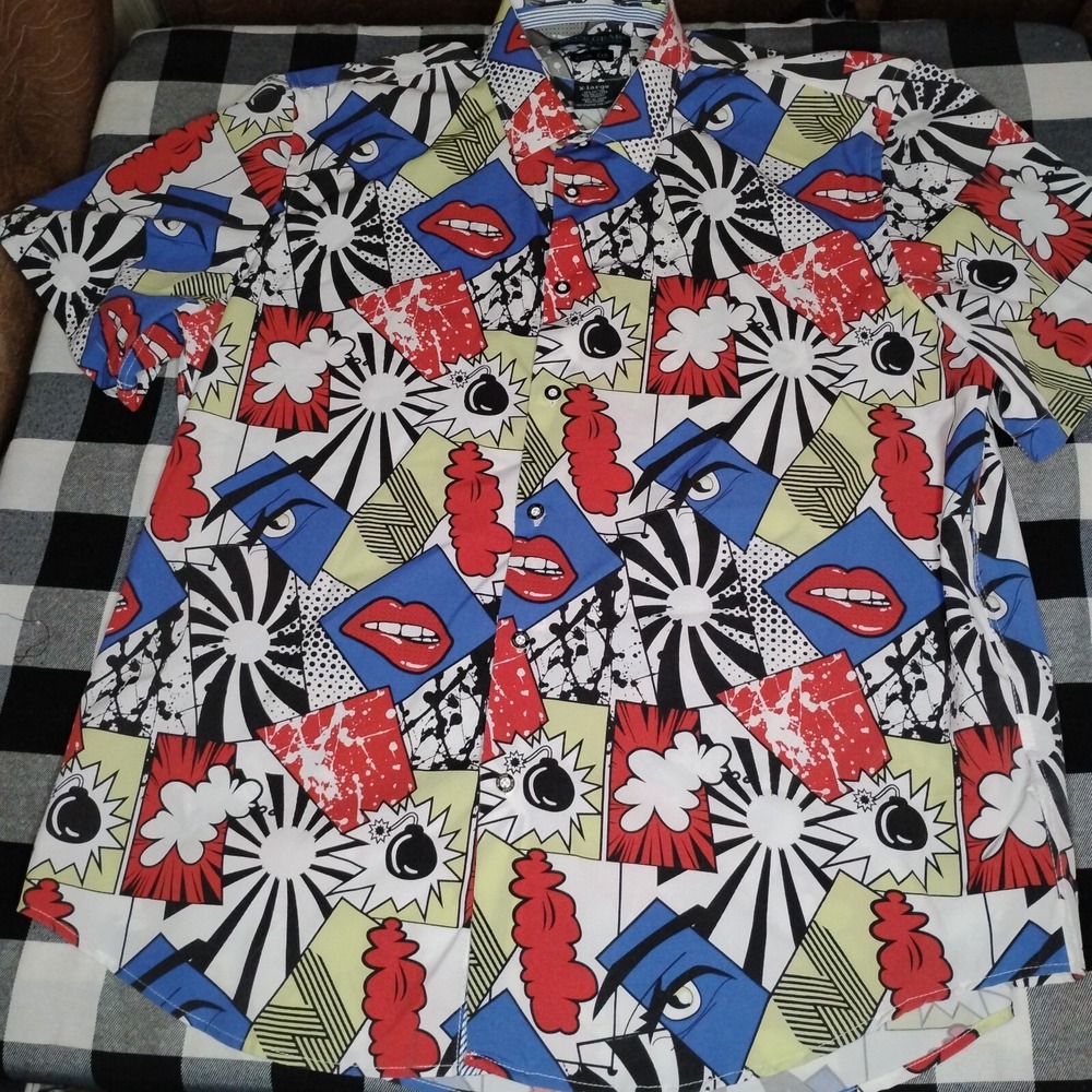 Blue Gear Comic Multi Color‎ Stretch Short Sleeve Button Abstract Graphics XL - Picture 2 of 16